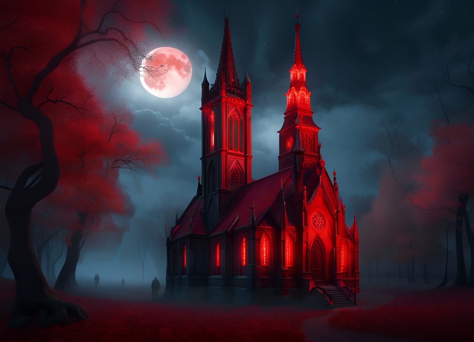 Gothic Church in Foggy Forest Illustration