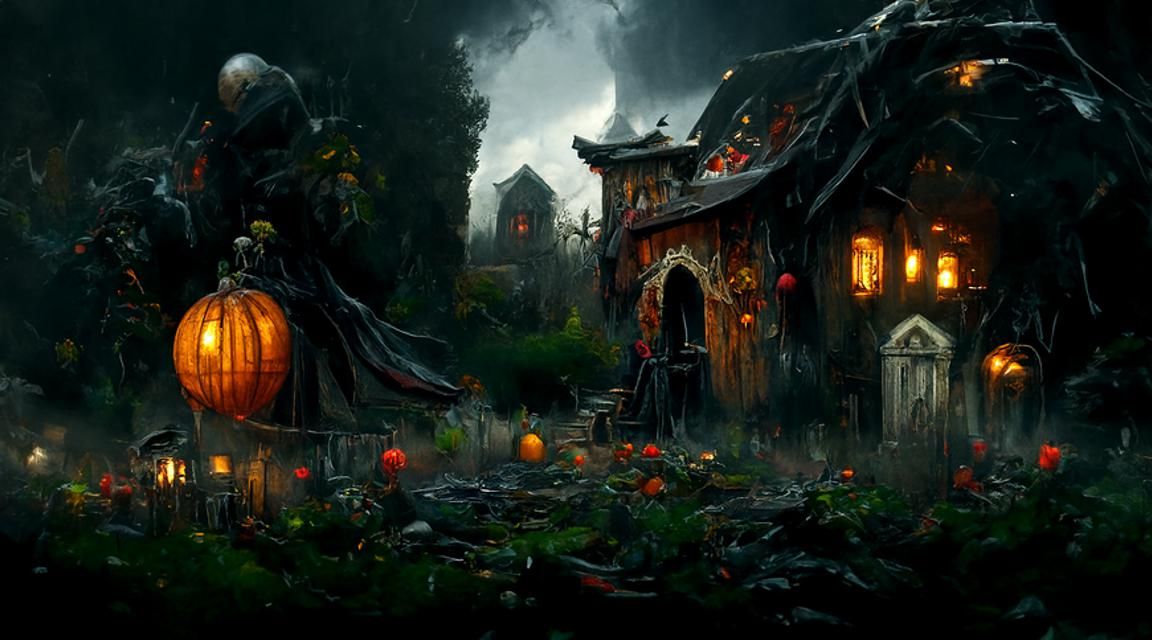 Halloween Haunted House with Grim Reaper, Digital Art