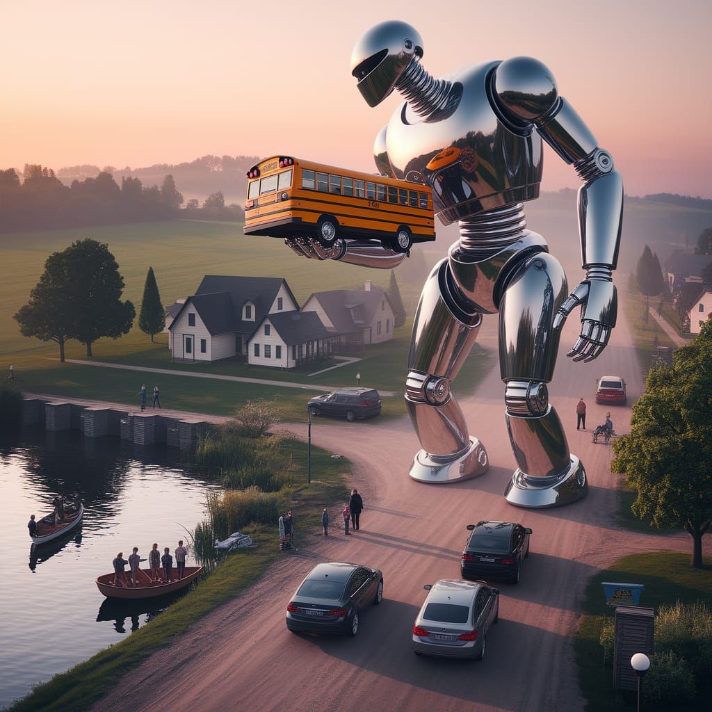 Dieselpunk Robot Towering Over Quaint Midwest Town