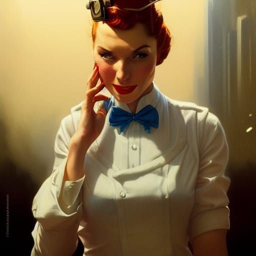 Atompunk Diner Waitress Portrait, Golden Age Illustration