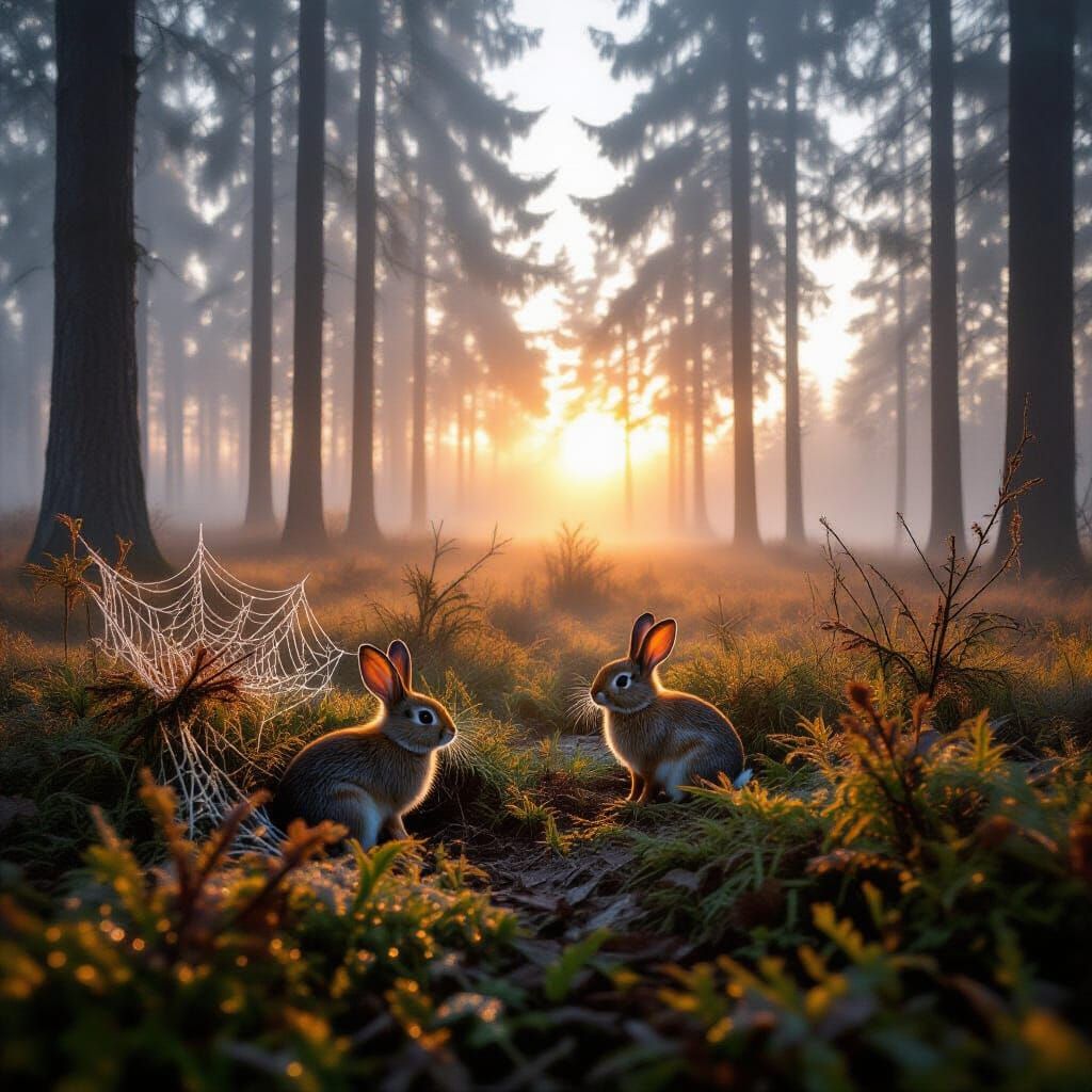 Misty Autumn Forest Morning with Rabbits and Dewy Spiderwebs