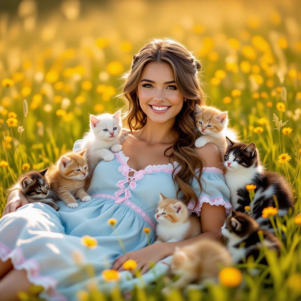 Golden Hour: Woman and Kittens in Wildflower Meadow