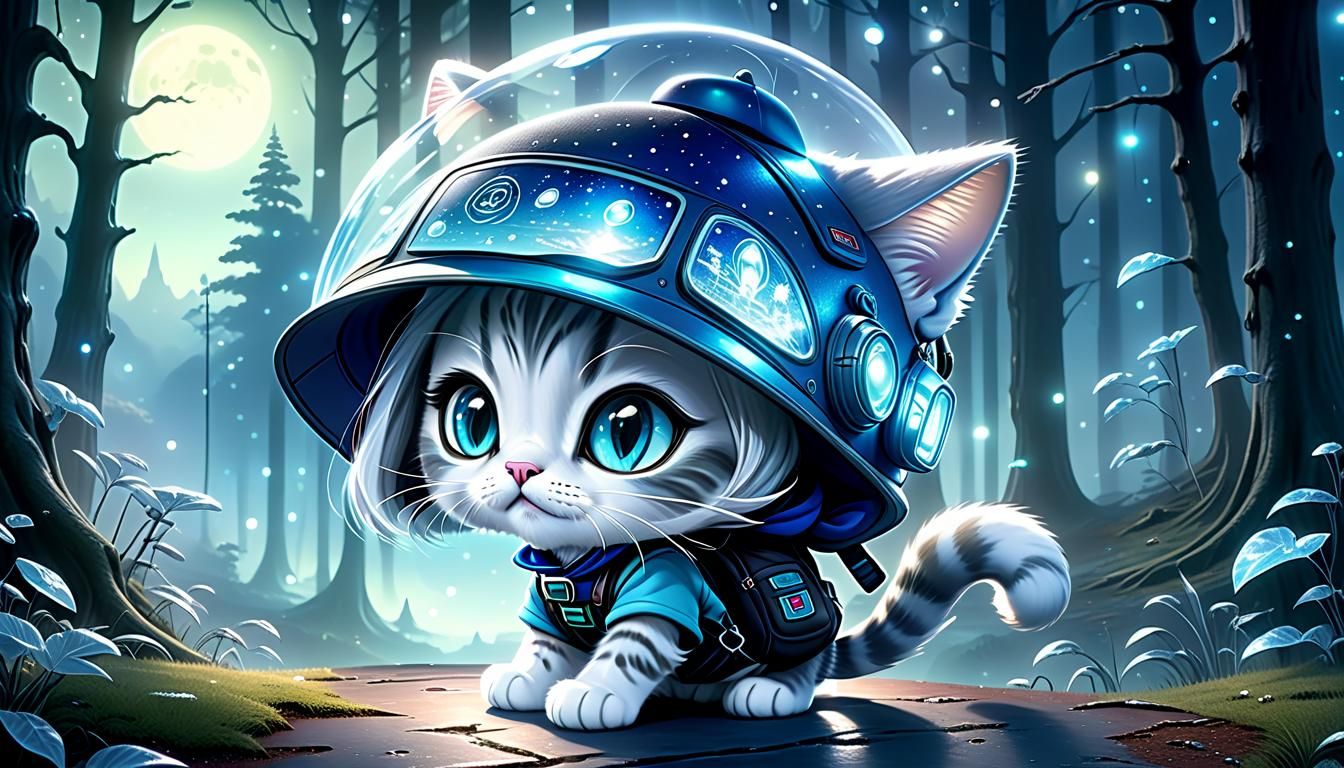 Chibi Alien Cat and Girl Meeting at Night