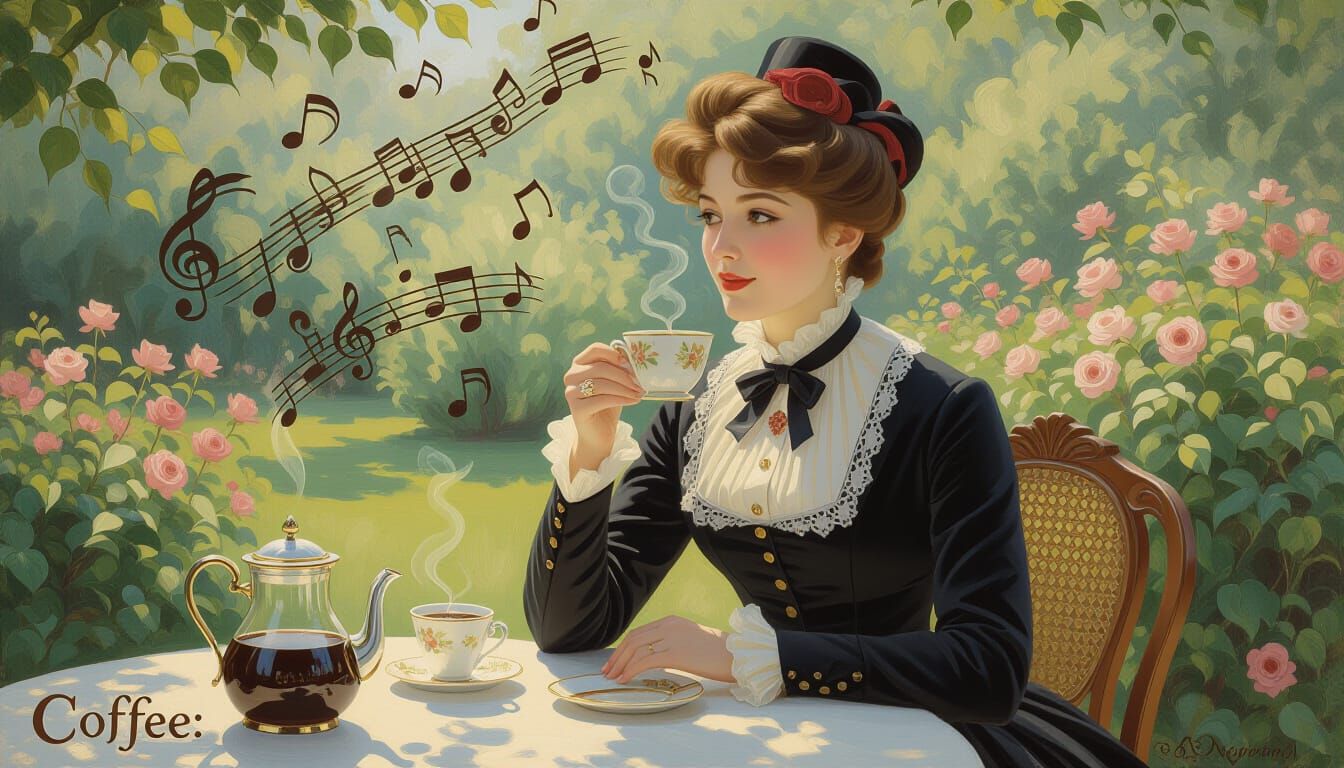 Whimsical Coffee Garden in the Style of Old Oil Paintings