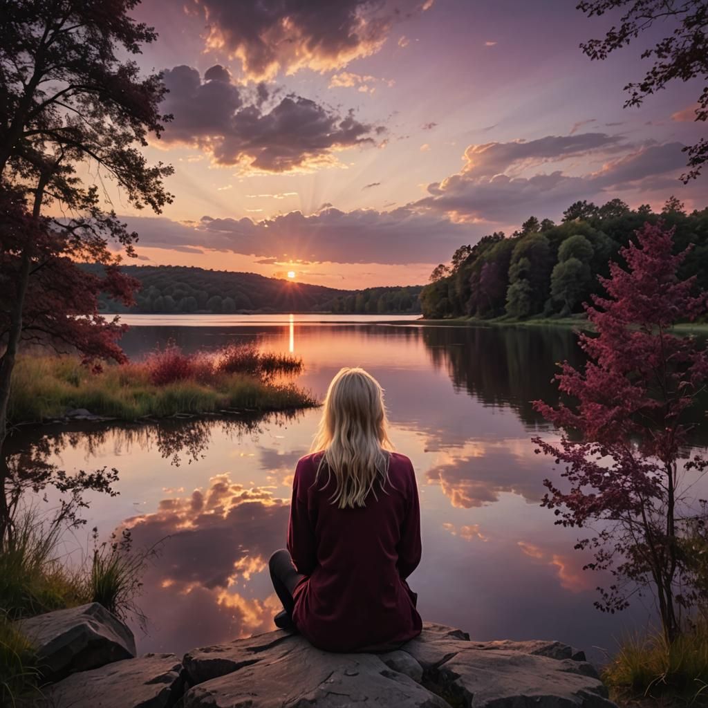 Girl at Lake During Dark Red Sunset