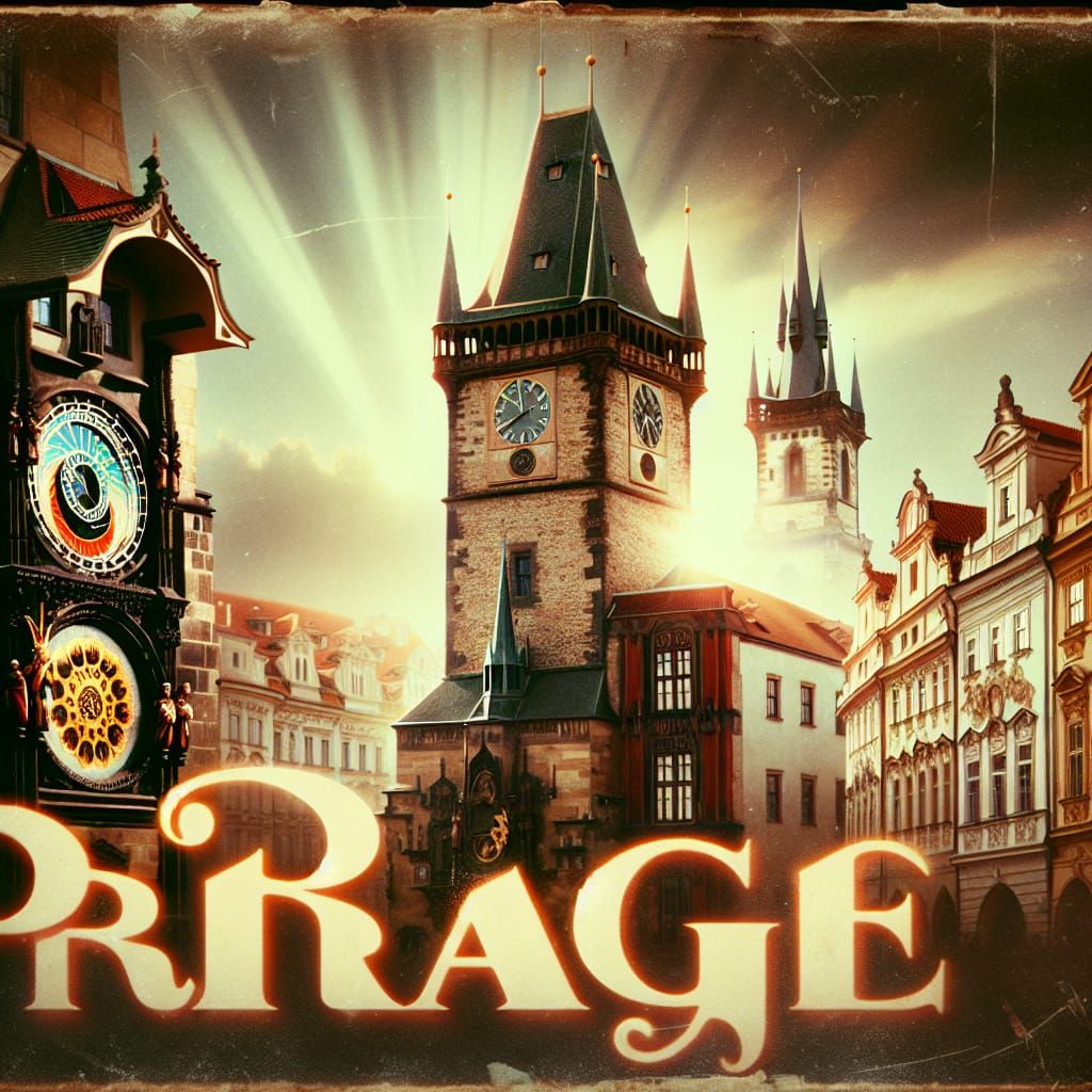 Vintage Prague Travel Poster with Astronomical Clock