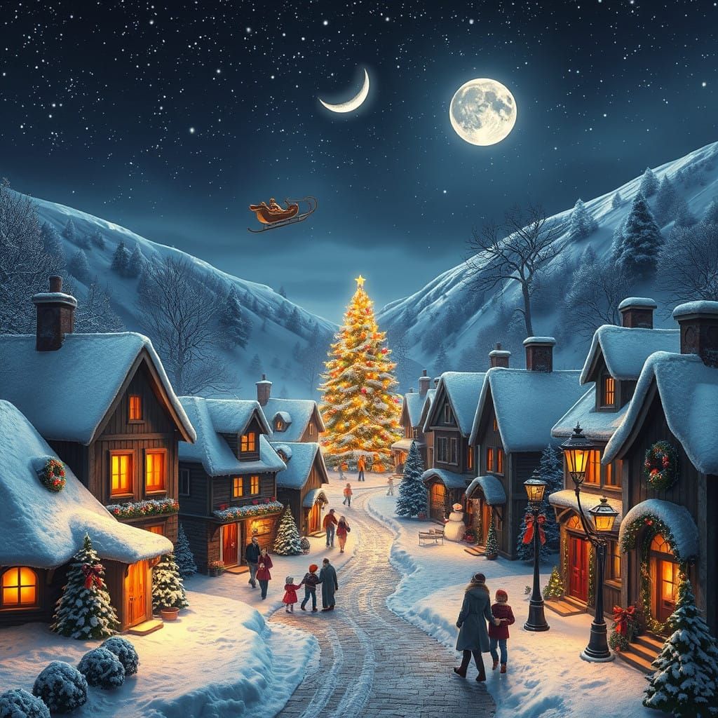 Winter Wonderland Village Scene at Christmas Eve