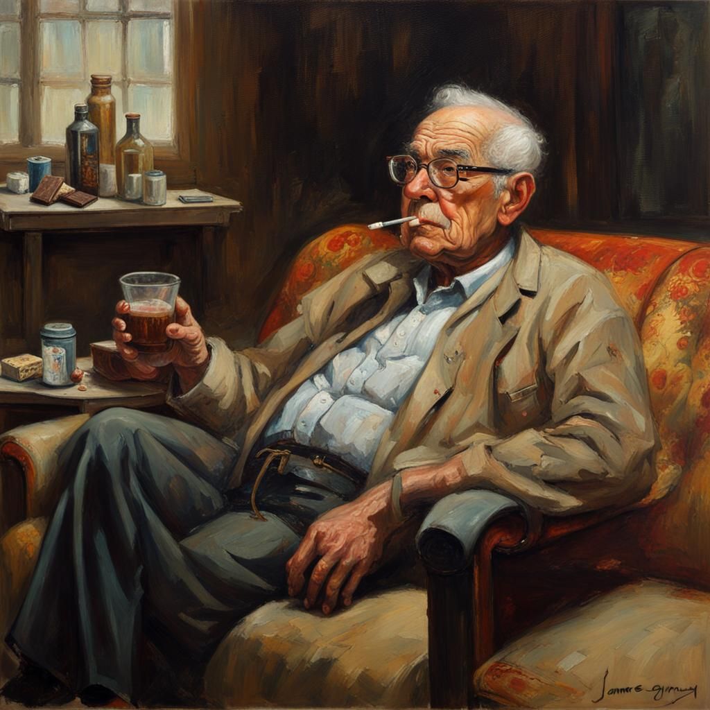 Slavic Man Watching Soap Opera as Oil Painting