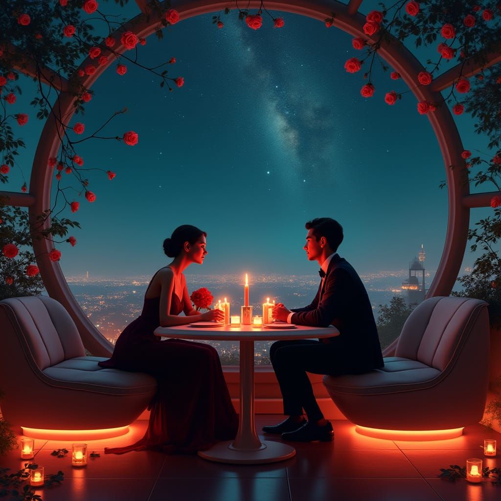 Romantic Cafe Scene with Futuristic Table