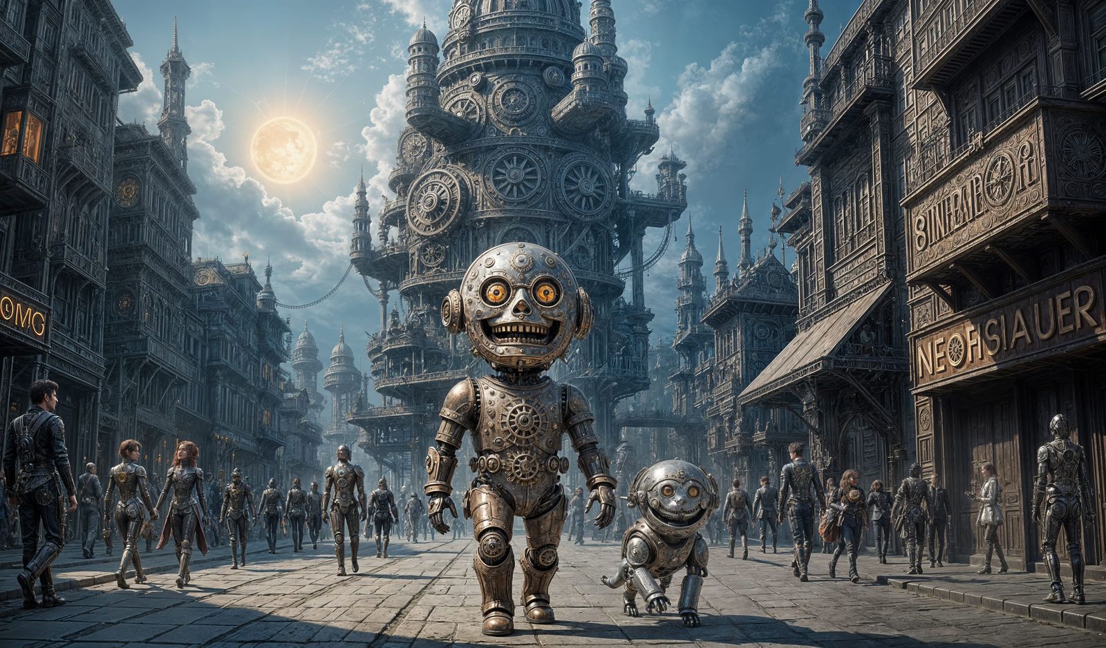 Smiling Automaton and Dog in Steampunk Metropolis