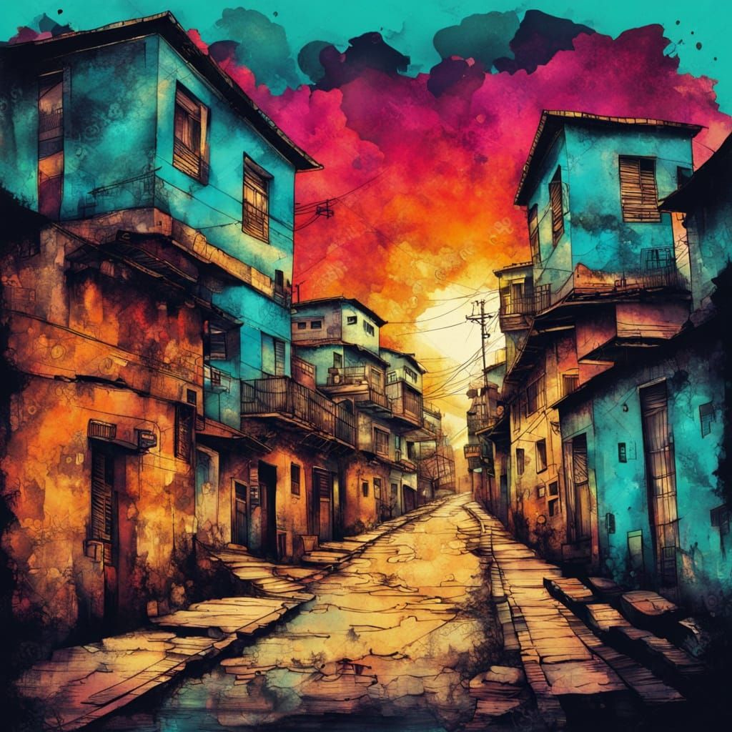 Steampunk Sunset in Favela Ink Painting