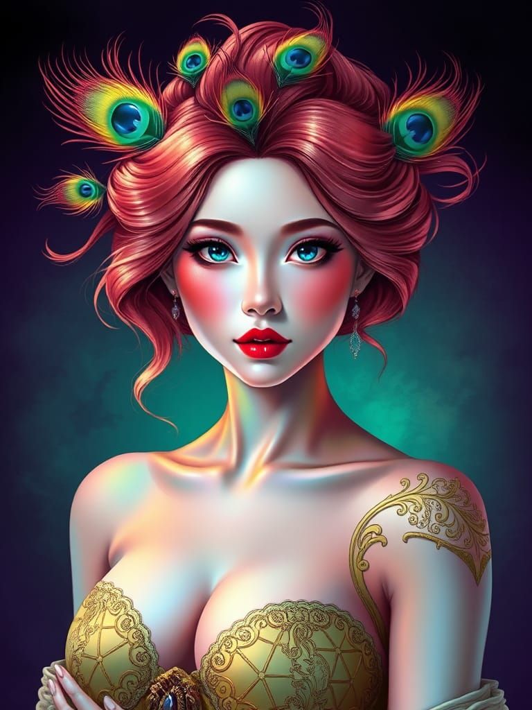 Rainbow Woman with Peacock Feathers, Art Nouveau Style