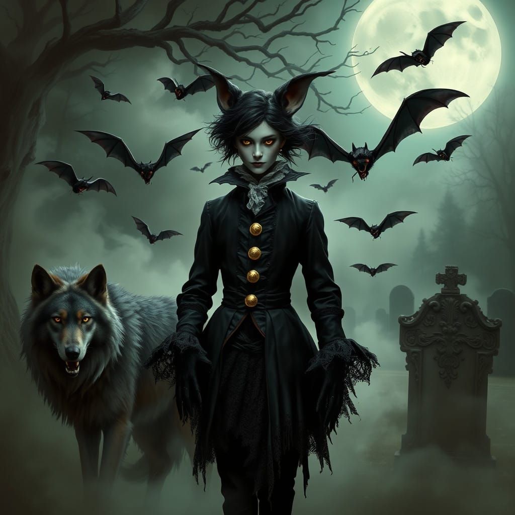 Dark Fantasy Figure in Tim Burton Style with Majestic Wolf a...