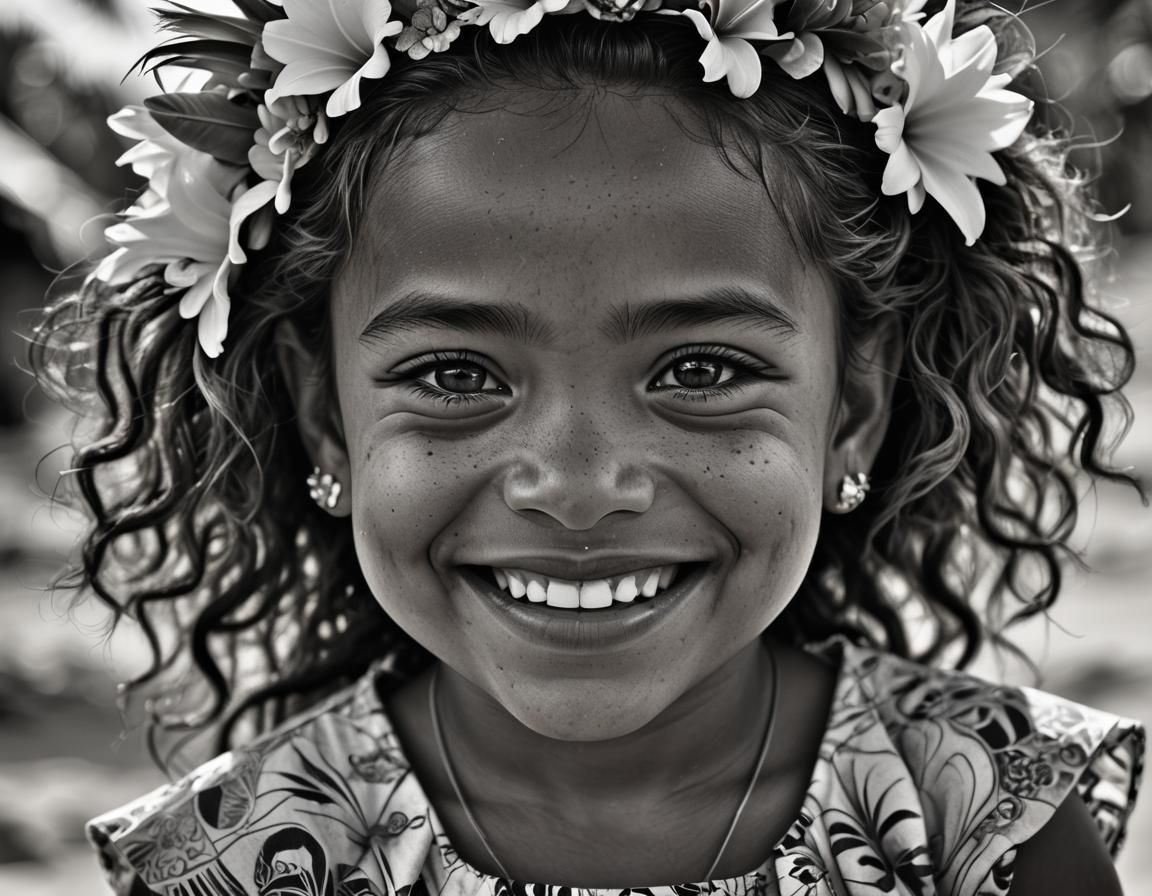 Happy Tahitian Girl Portrait in Black and White