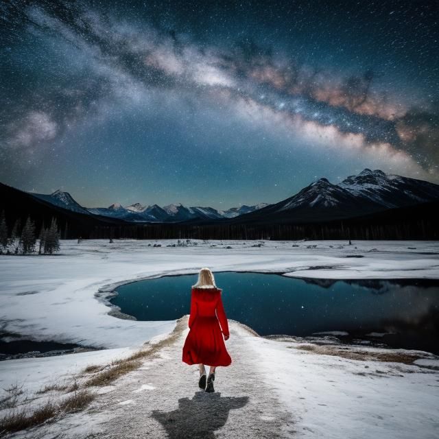 Woman, Wolf, and Mountain Under Night Sky
