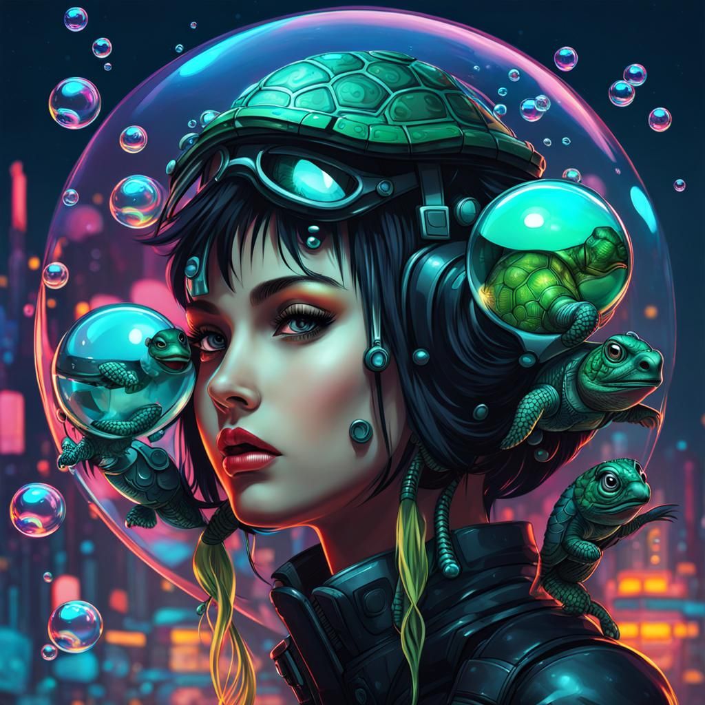 Cyberpunk Girl with Turtle in Bubble