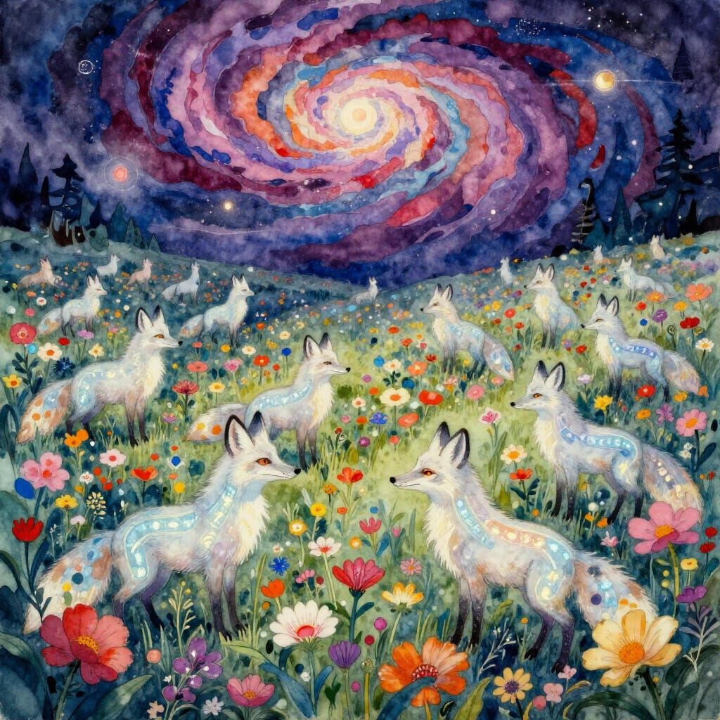 Arctic Foxes in Cosmic Meadow, Mystical Runes, Watercolor St...
