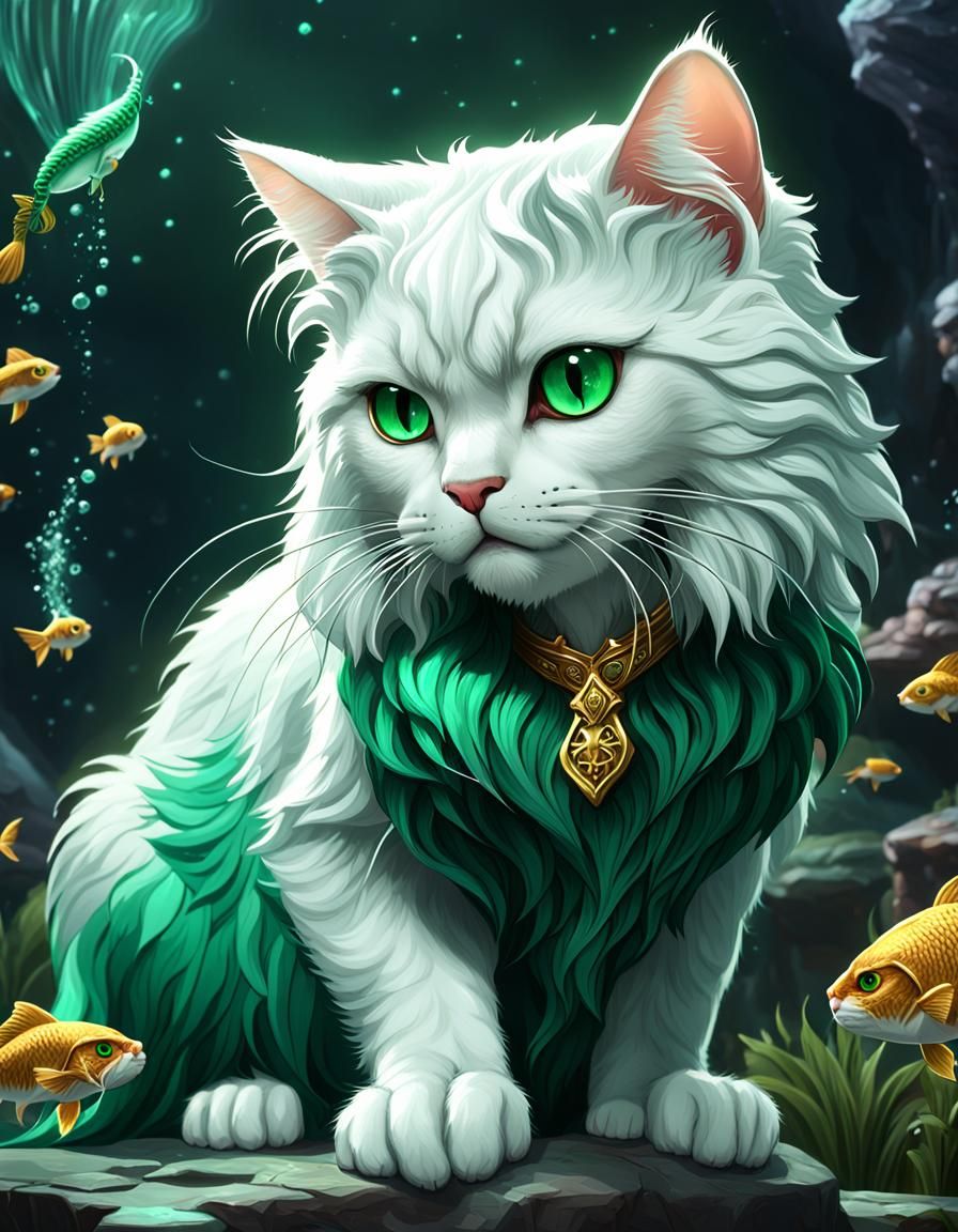 Emerald Prince: A Cute White Cat Eating Fish