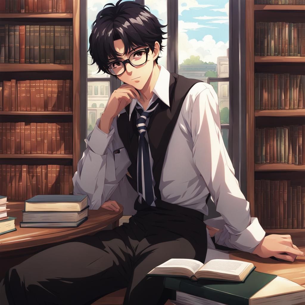 Handsome Anime Boy in School Library