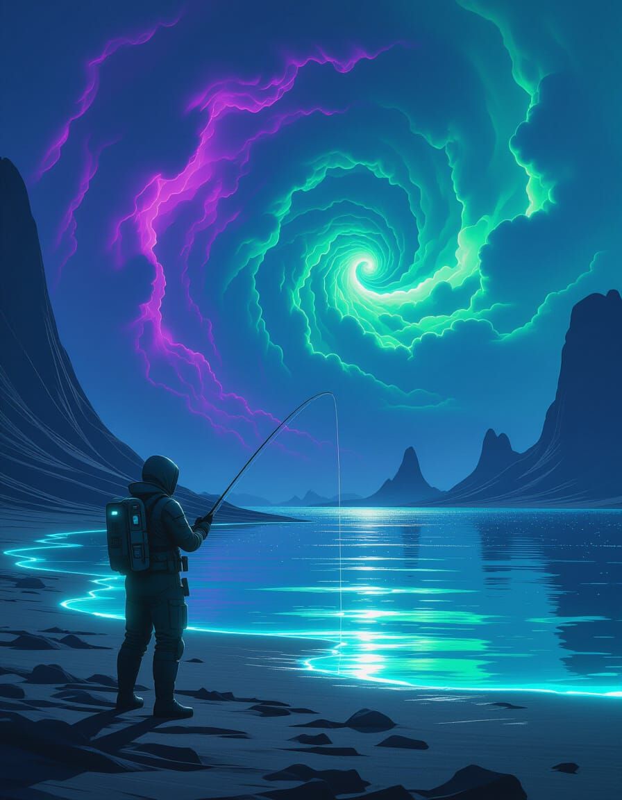 Futuristic Fisherman on Alien Planet in Nebula Sky