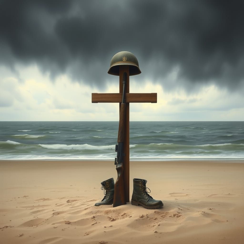 Battlefield Cross on a Stormy Beach in Realistic Landscape S...