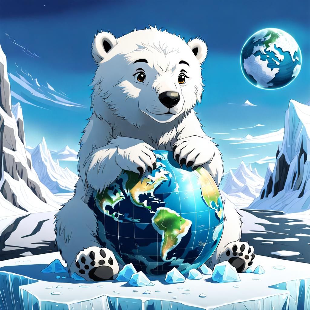 Sad Polar Bear Cub with Earth Ball: Digital Art