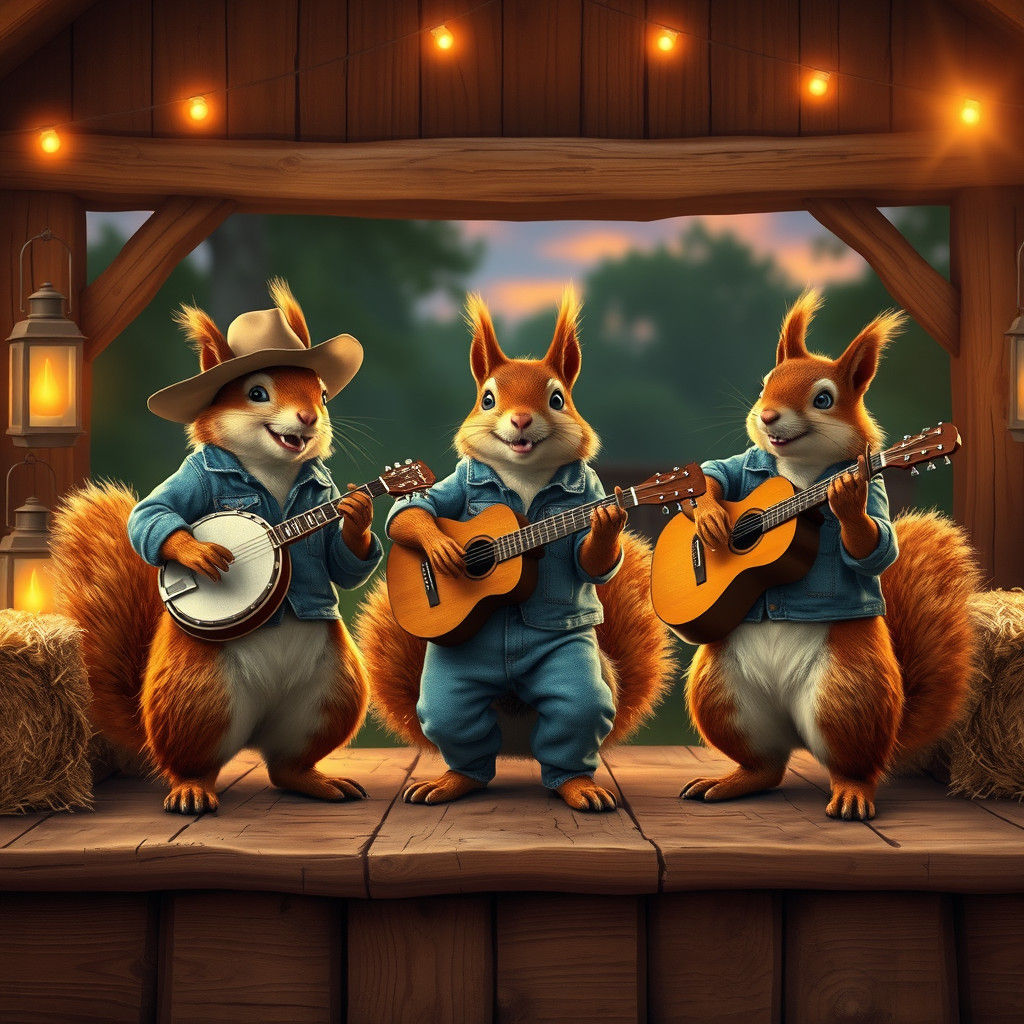 Squirrels' Country Hoedown: A Lively Anthropomorphic Scene