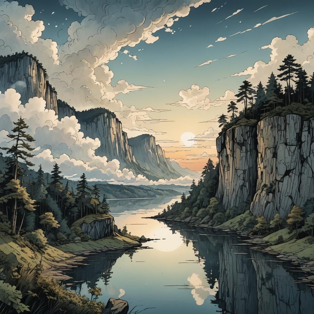 Cliffside Dawn Over Forest Lake: Digital Illustration