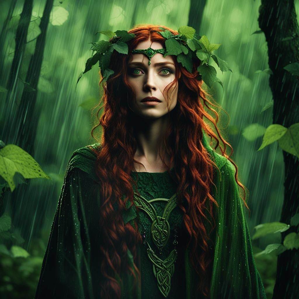 Celtic Goddess in Rainy Forest: Cinematic Film Still