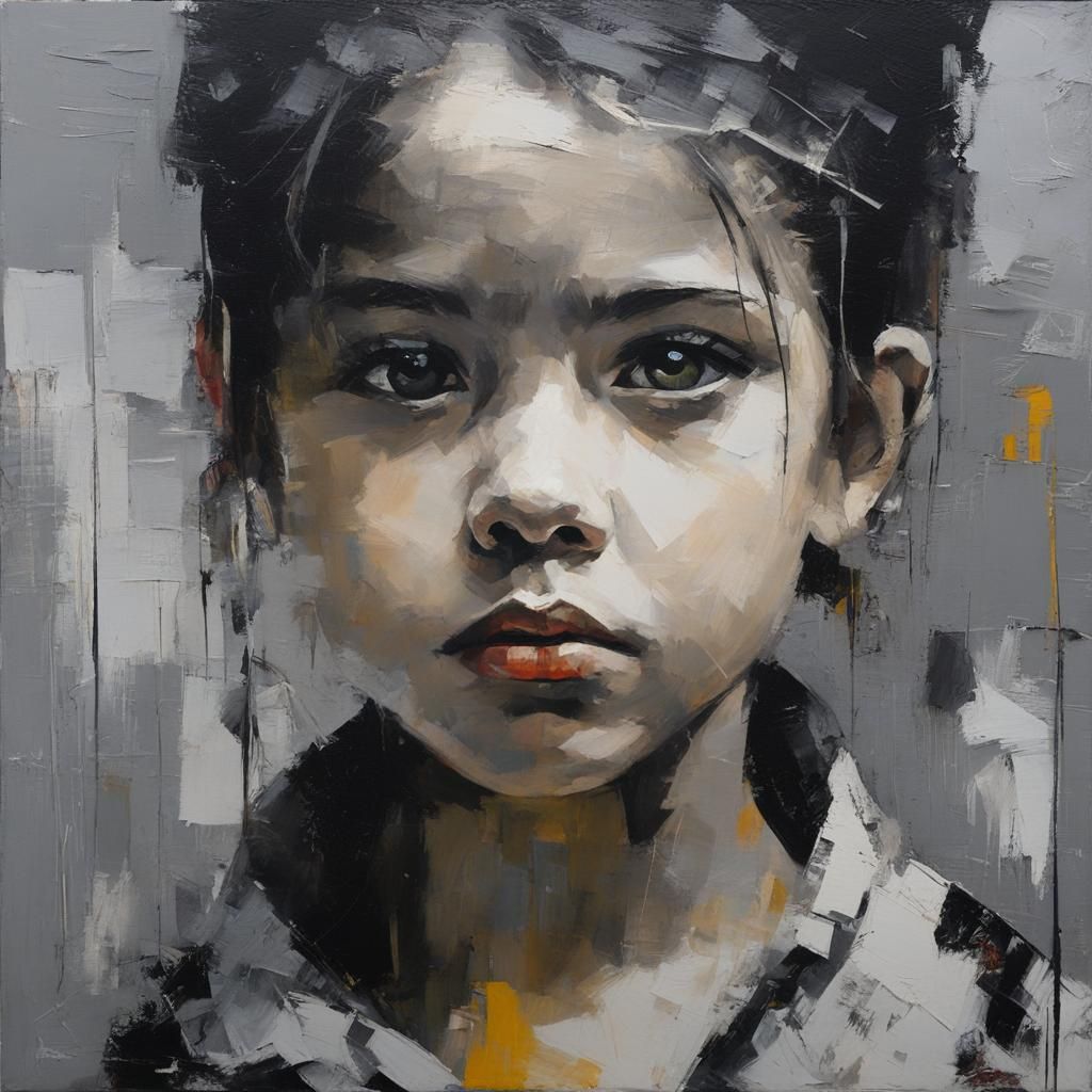 A street urchin in rags portrait a light grey abstract  painting featuring a dark white and light gray color scheme. the...