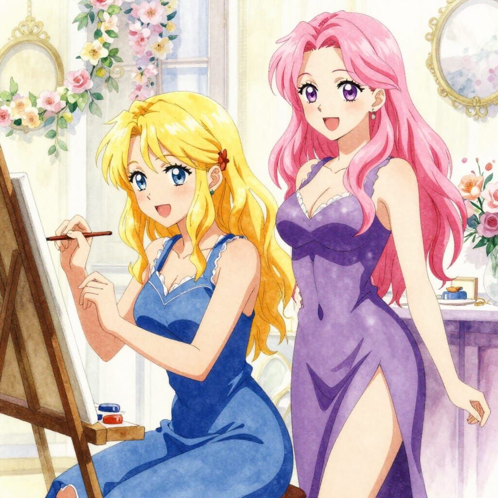 Anime Style Art of Women Painting in Studio