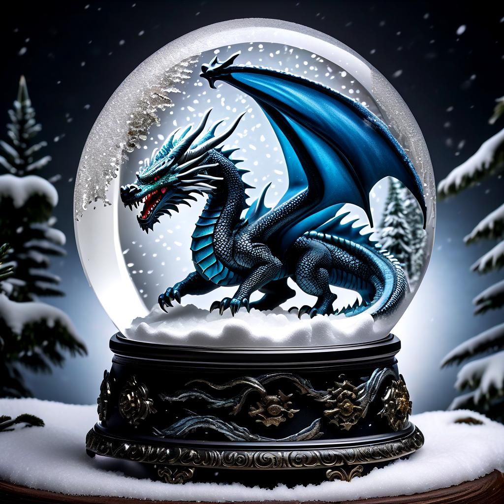 Icy Dragon Snow Globe at Night