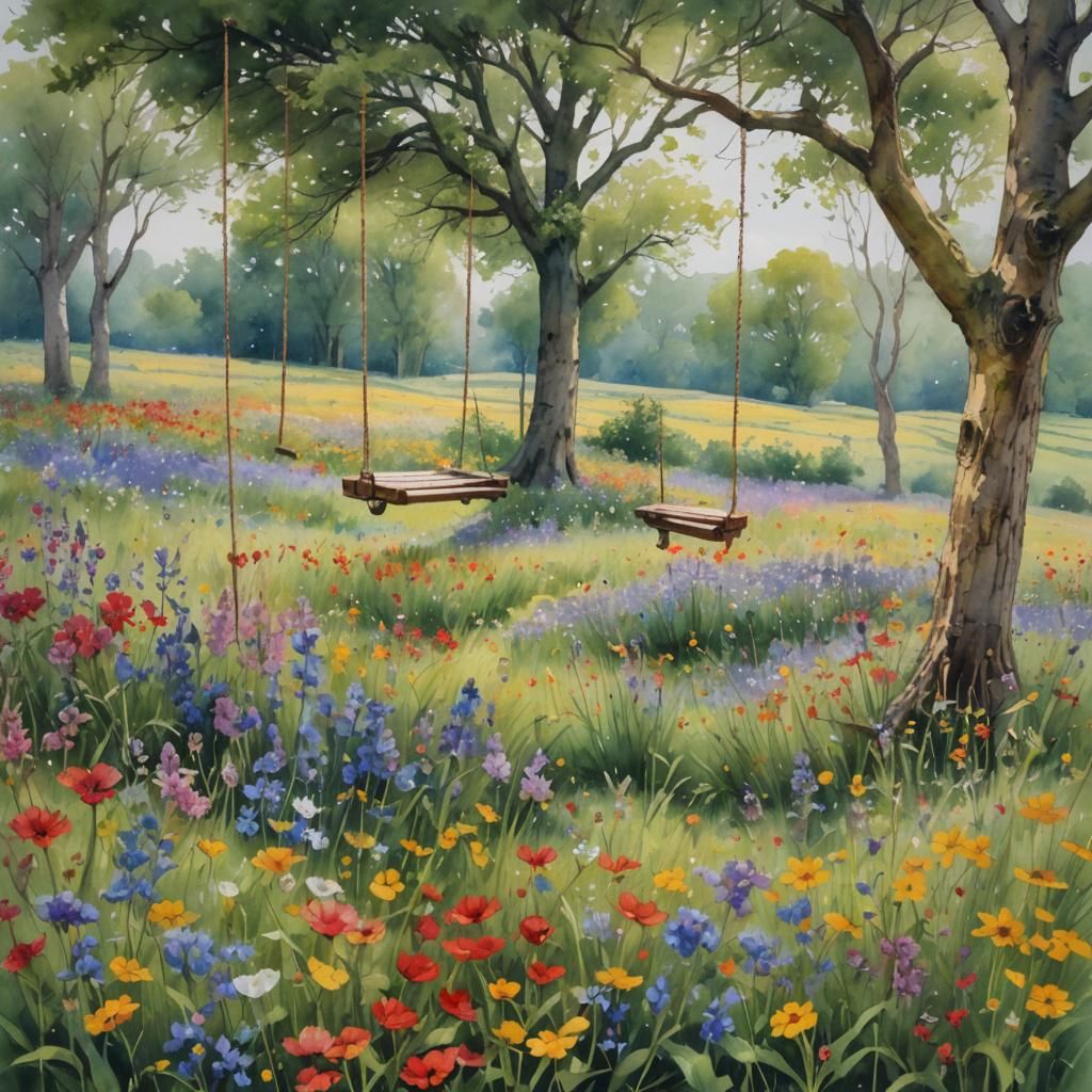 Colourful Watercolour Tree Swing in Wildflower Meadow