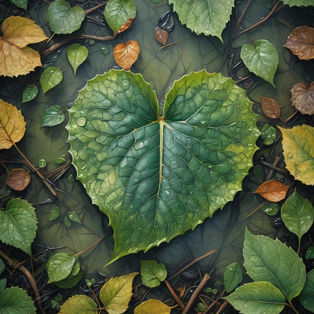 Heart-Shaped Leaf in Misty Forest: Oil Painting