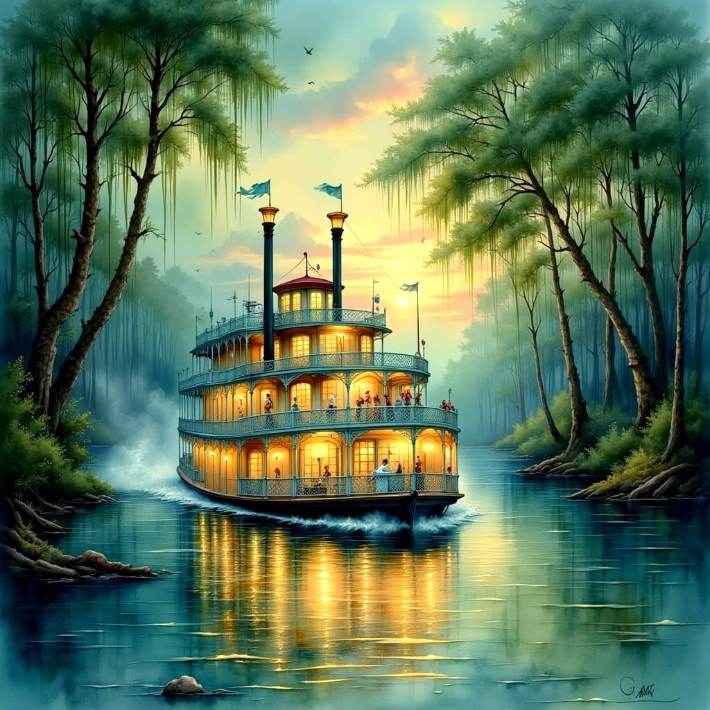 Showboat on the River at Twilight in Watercolors