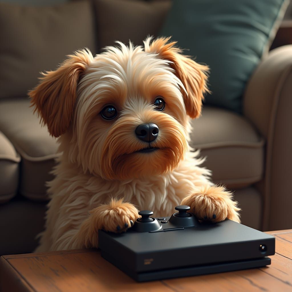 Havanese Dog Plays Video Game in Photorealistic Style