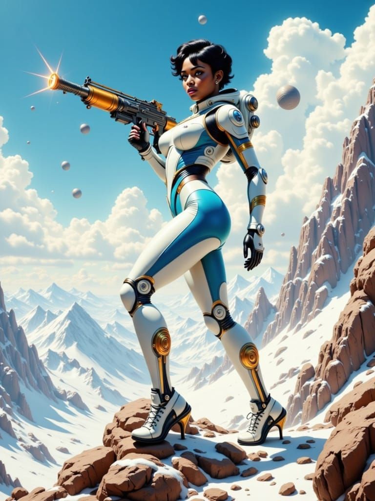 Futuristic Woman Warrior in Retro Sci-Fi Landscape
