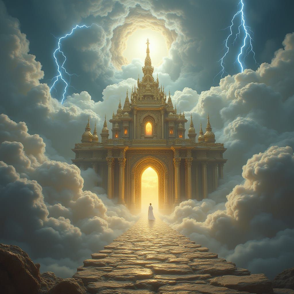 Heavenly Temple with Golden Gates and Lightning