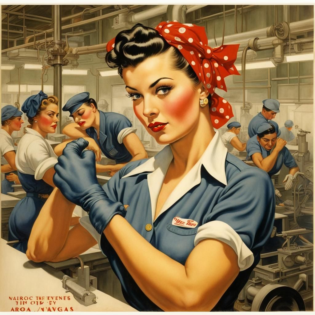 Rosie the riveter in a factory, Alberto Vargas