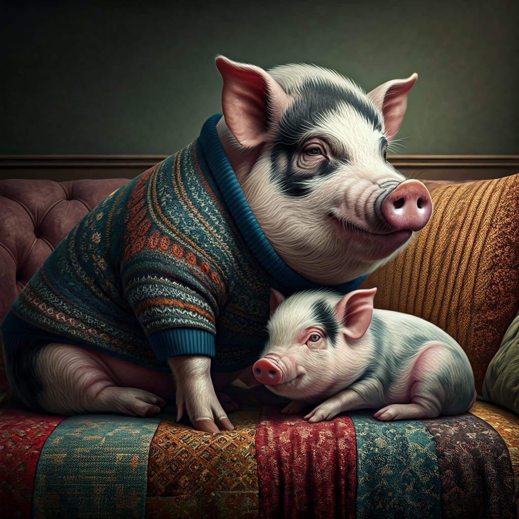 Pot-Bellied Pig and Piglet in Hyperrealistic Style