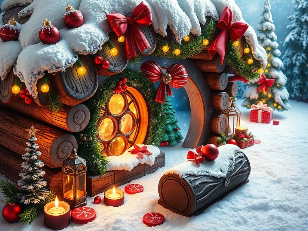 A fantastically detailed enchanting Christmas log, fairy tal...