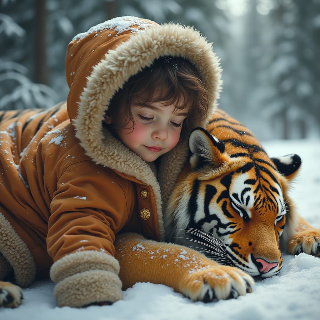 Girl and Tiger in Winter Forest, Fantasy Realism