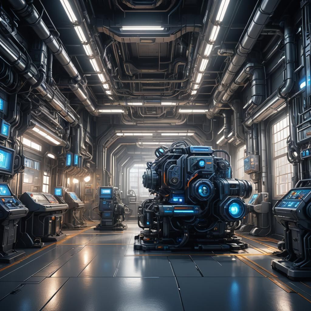 Polished Metal Sci-Fi Machine Room in Futuristic Retro Style