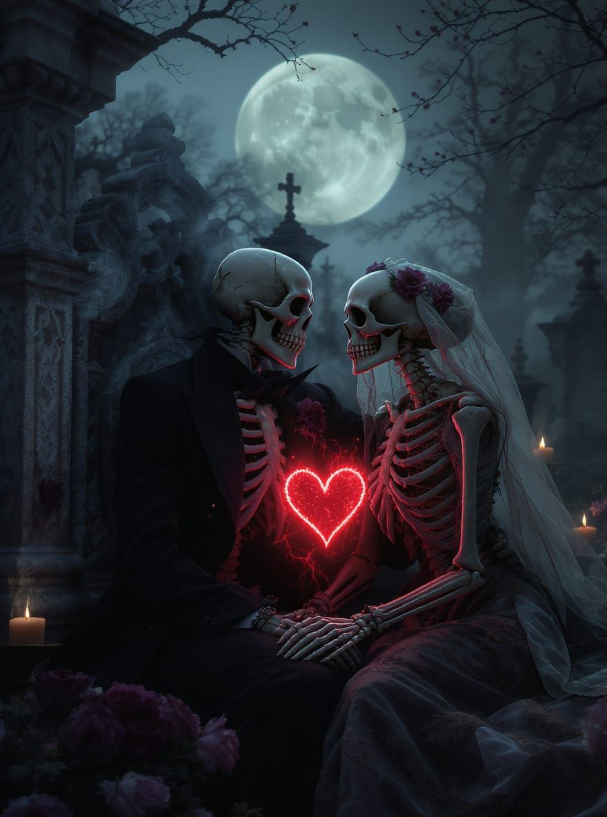Gothic Skeletons Embrace in Moonlight Graveyard