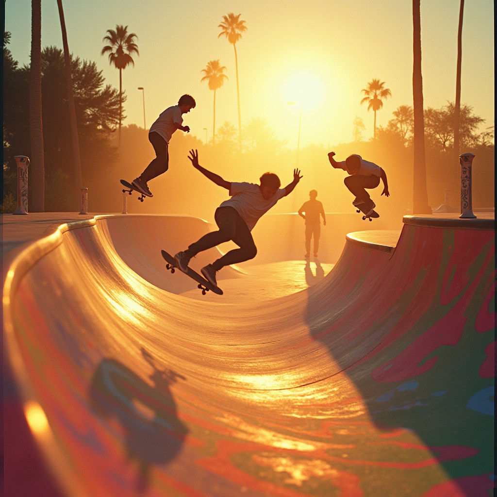 Psychedelic Skatepark in Golden Light, Cinematic Style