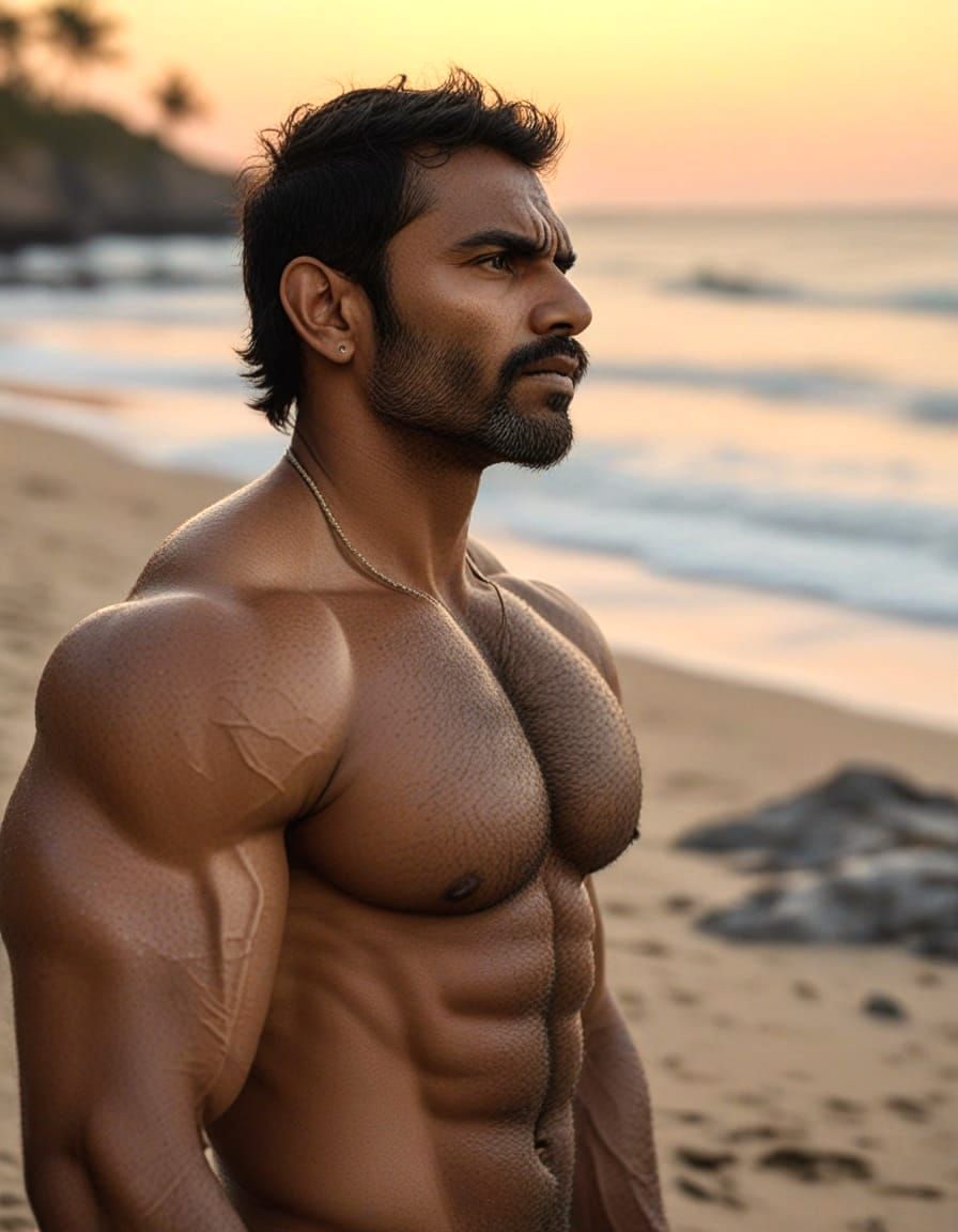 Muscular Man on Beach at Sunset in Hyper-Realism