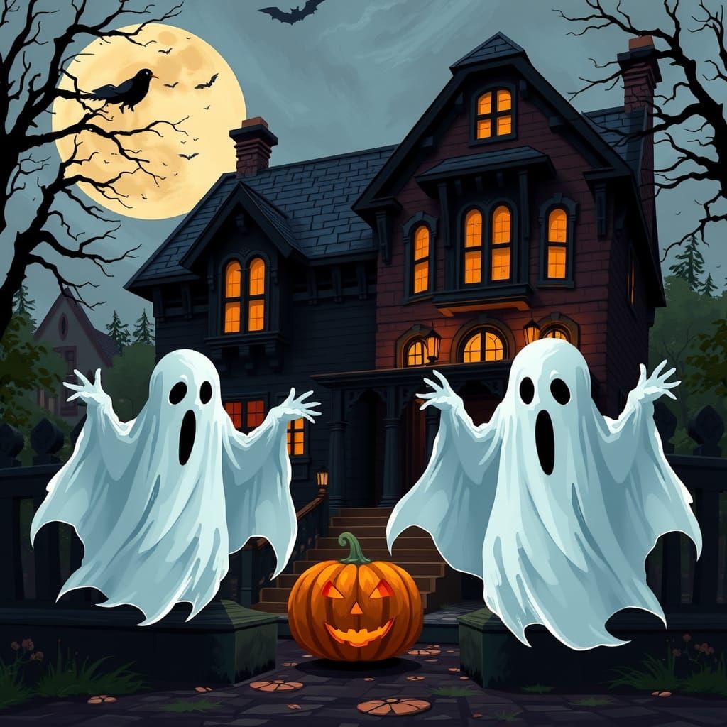 Spooky Halloween Scene with Ghosts, Vector Art