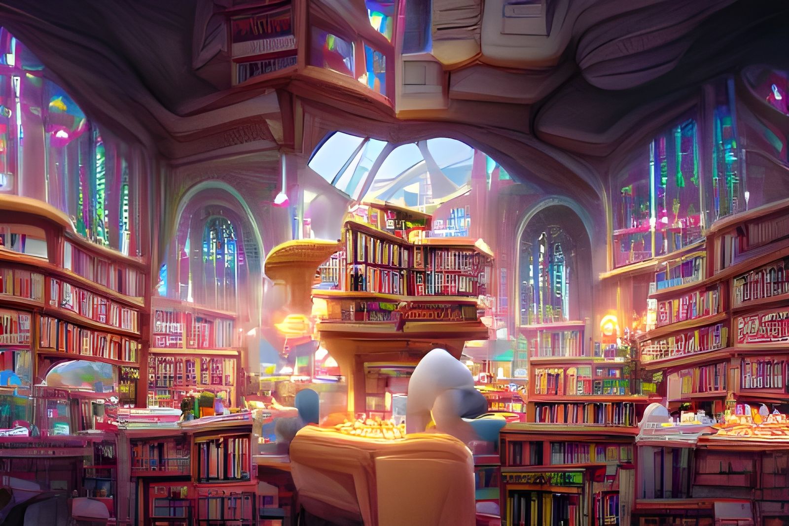 Magical Library with Glowing Crystals in 3D