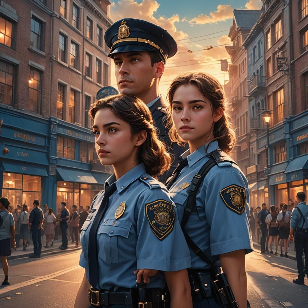 Policeman and Schoolgirl's Street Encounter in Golden Light
