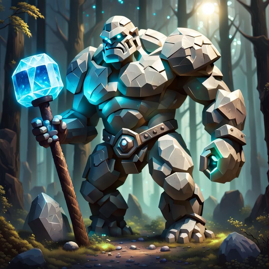 Glowing Crystal Golem in Magical Forest